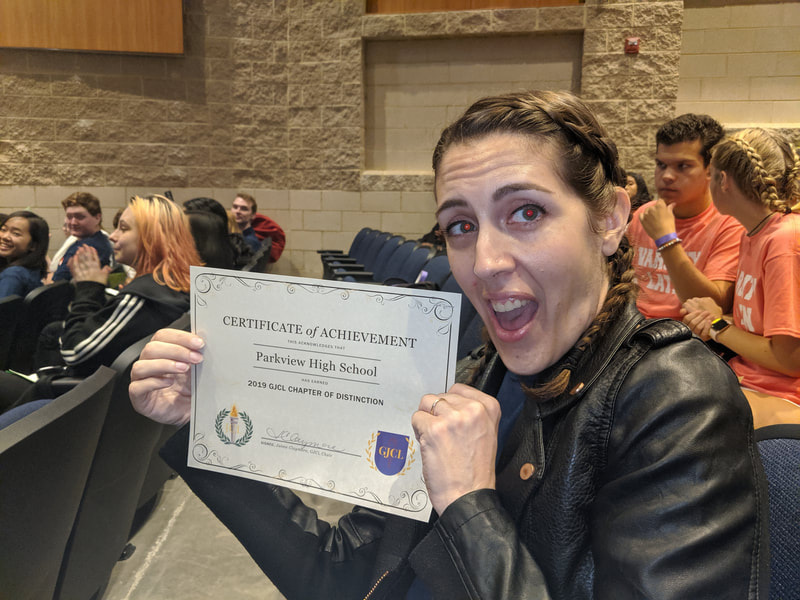 Mrs. Ash holds a certificate stating that the Parkview JCL has received chapter of distinction for the 2019-2020 school year.